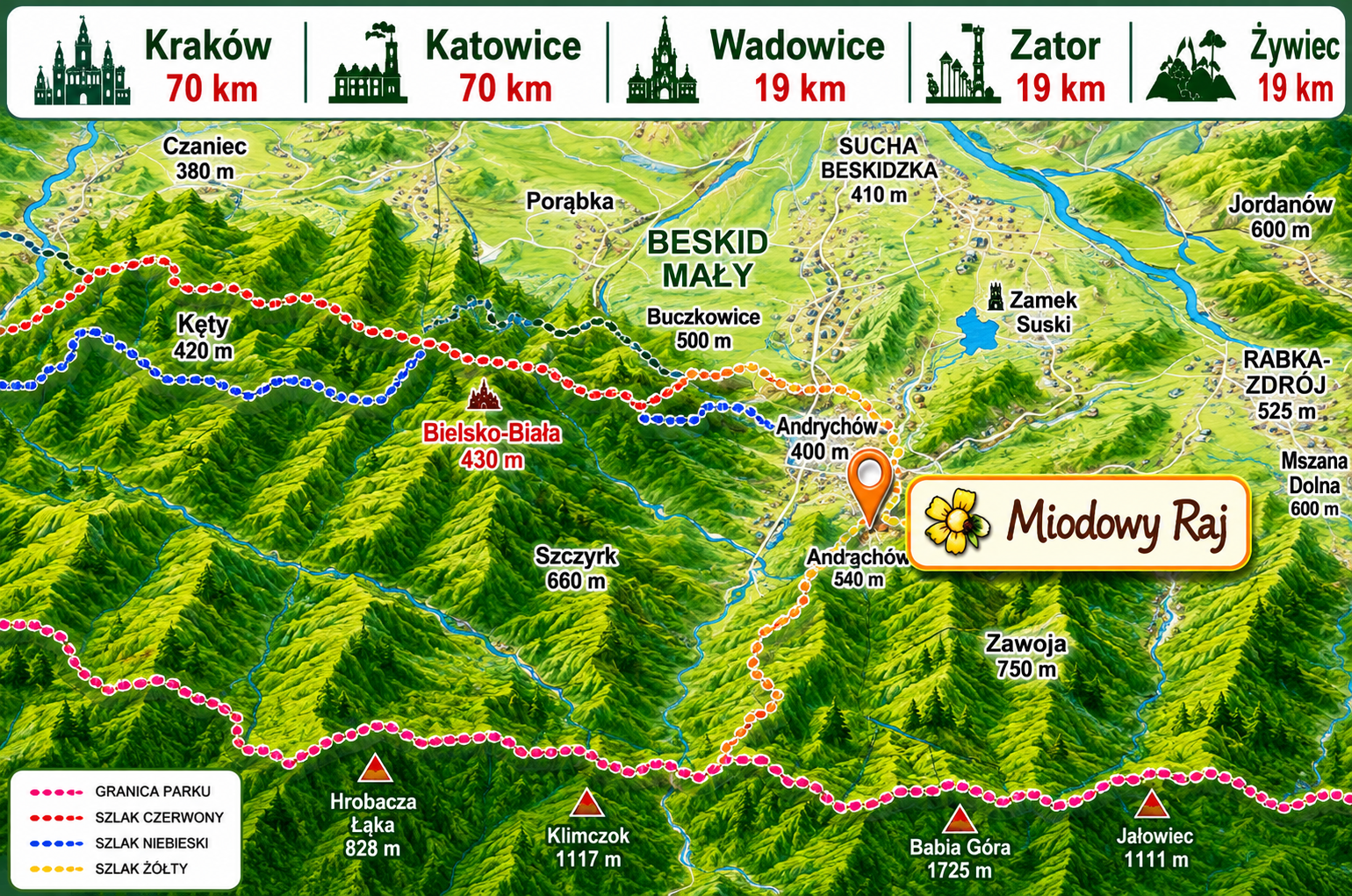 Miodowy Raj i trasy turystyczne
