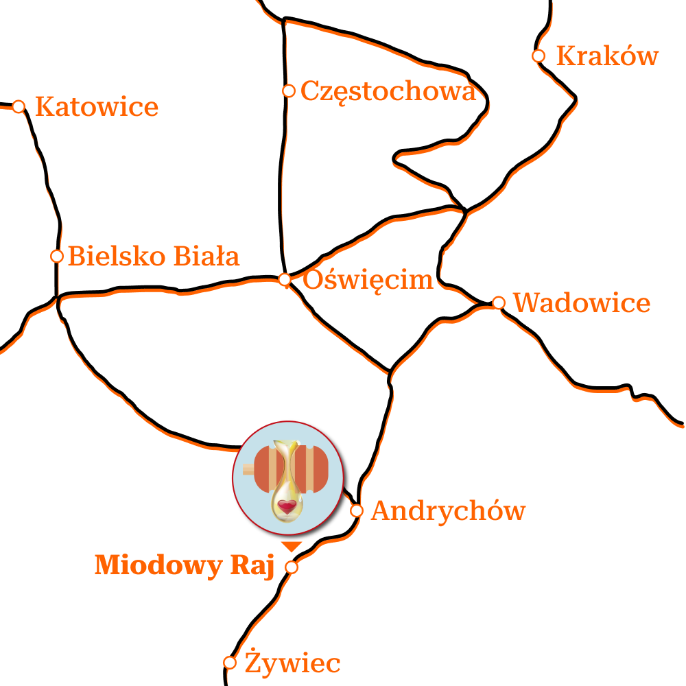 Mapa okolicy, lokalizacji Miodowego Raju w Targanicach